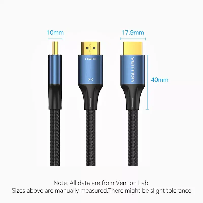 HDMI kabelis Vention 2.1 8K 2 m, pintas medvilninis apvalkalas, 48 Gbit/s, 120 Hz, HDMI A tipas kištukas–kištukas, mėlynas