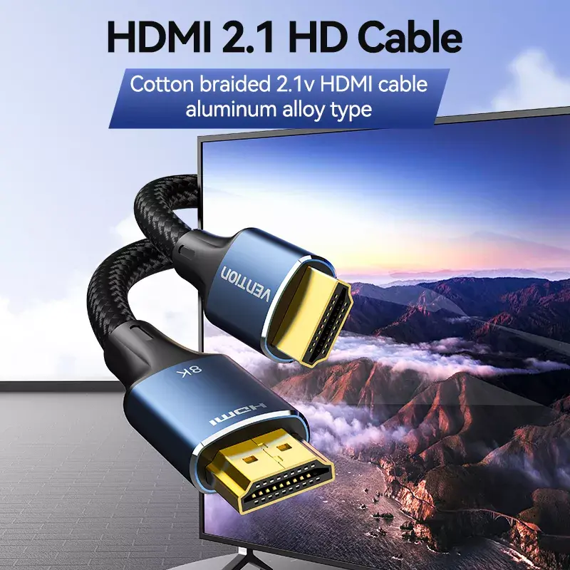 HDMI kabelis Vention 2.1 8K 2 m, pintas medvilninis apvalkalas, 48 Gbit/s, 120 Hz, HDMI A tipas kištukas–kištukas, mėlynas
