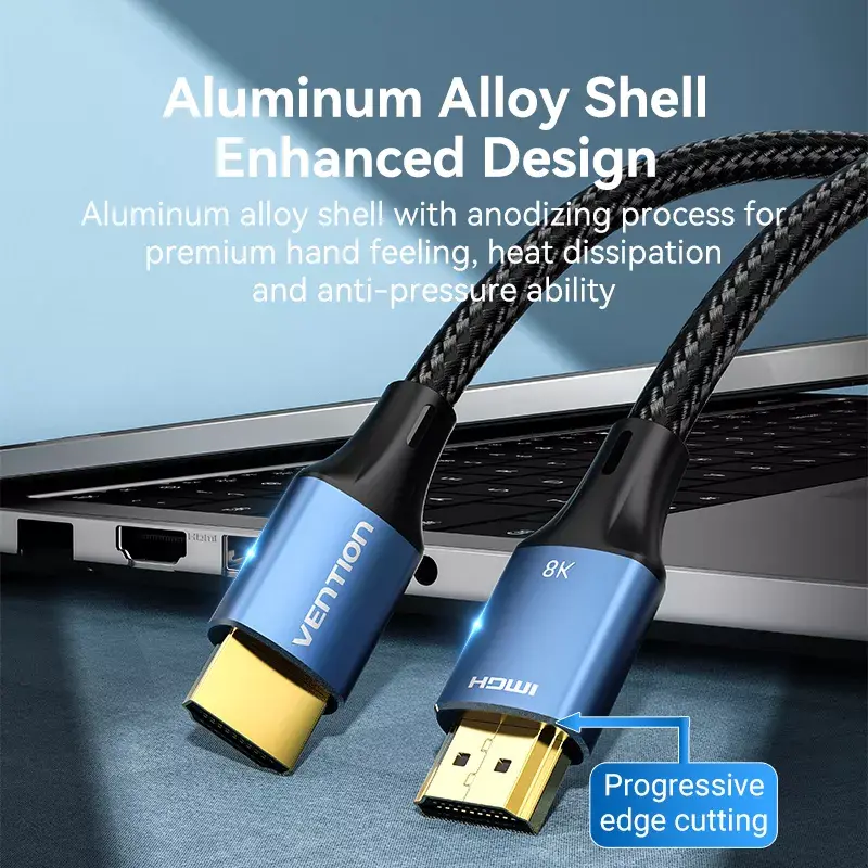 HDMI kabelis Vention 2.1 8K 2 m, pintas medvilninis apvalkalas, 48 Gbit/s, 120 Hz, HDMI A tipas kištukas–kištukas, mėlynas