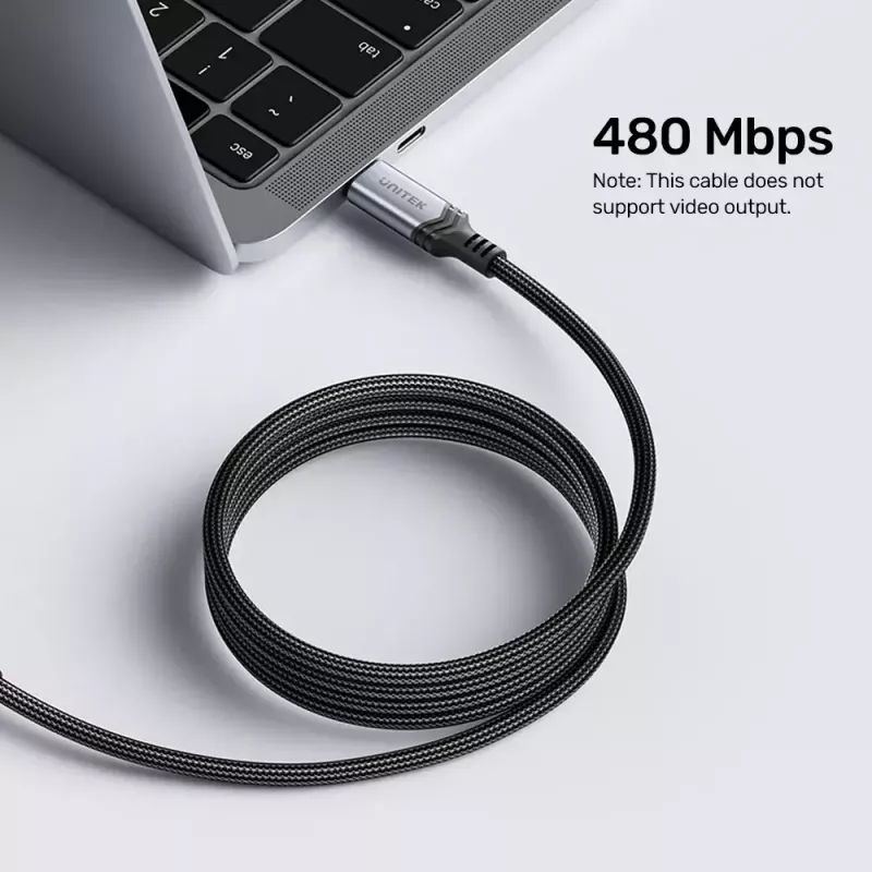 Unitek C14110GY-2M USB-C–USB-C krovimo kabelis, PD 240 W (48 V/5 A), 2 m, juodai pilkos spalvos