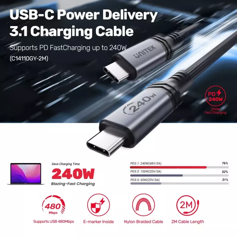 Unitek C14110GY-2M USB-C–USB-C krovimo kabelis, PD 240 W (48 V/5 A), 2 m, juodai pilkos spalvos