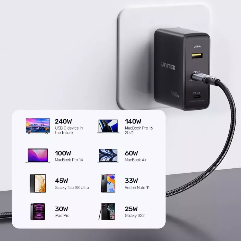 Unitek C14110GY-2M USB-C–USB-C krovimo kabelis, PD 240 W (48 V/5 A), 2 m, juodai pilkos spalvos