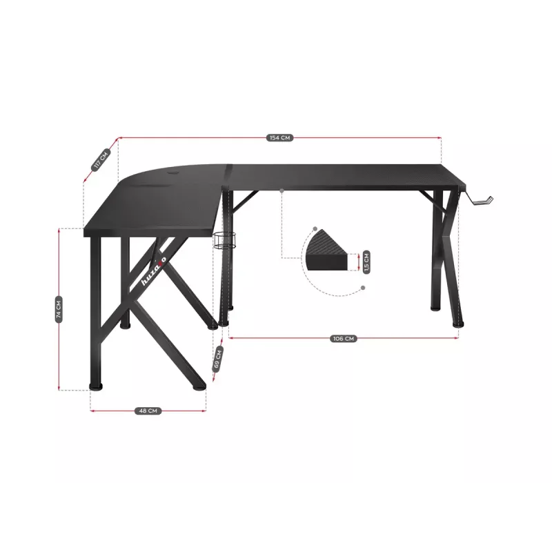 Kampinis žaidimų stalas Huzaro Hero 6.3 Black L-forma anglies pluošto danga 1540×1170×740 mm
