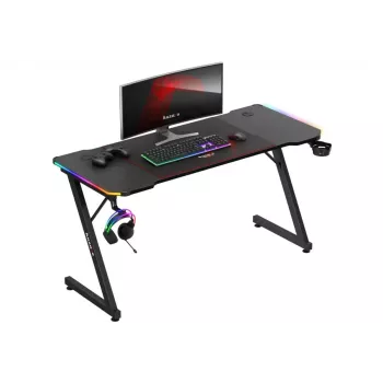 Gaming stalas huzaro Hero 3.3 RGB – juodas tiesus stalviršis 1400×600 mm, LED apšvietimas, puodelio laikiklis, ausinių kabliukas