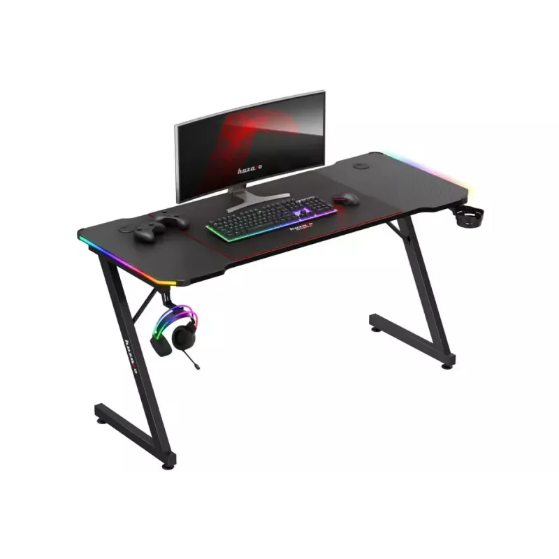Gaming stalas huzaro Hero 3.3 RGB – juodas tiesus stalviršis 1400×600 mm, LED apšvietimas, puodelio laikiklis, ausinių kabliukas