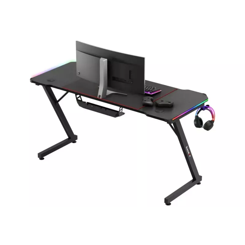 Gaming stalas huzaro Hero 3.3 RGB – juodas tiesus stalviršis 1400×600 mm, LED apšvietimas, puodelio laikiklis, ausinių kabliukas