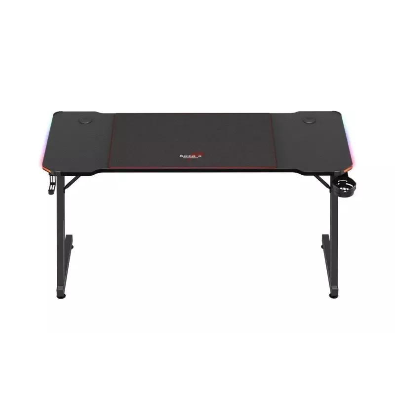 Gaming stalas huzaro Hero 3.3 RGB – juodas tiesus stalviršis 1400×600 mm, LED apšvietimas, puodelio laikiklis, ausinių kabliukas