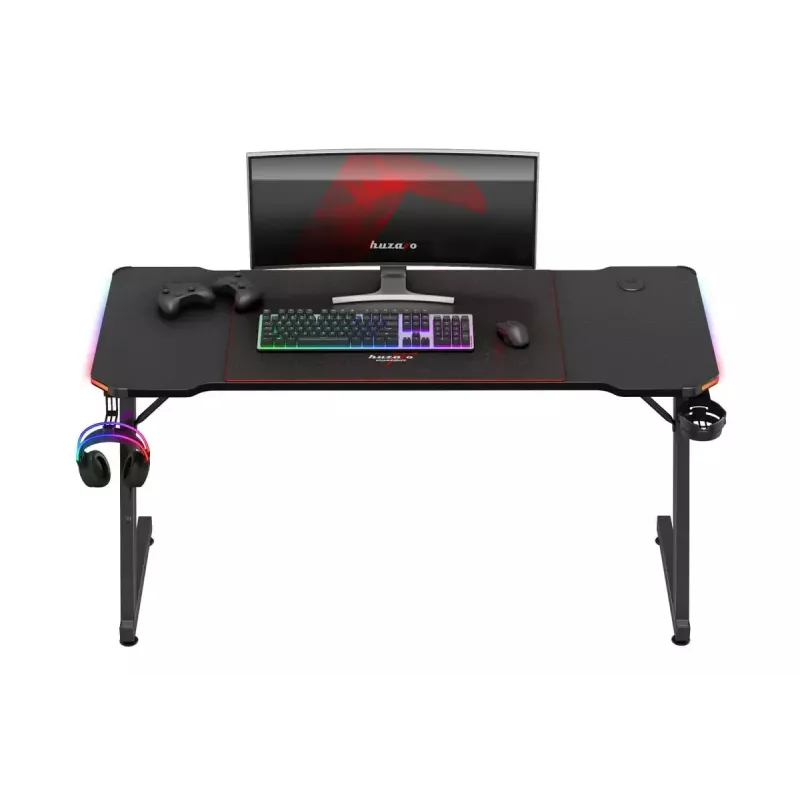 Gaming stalas huzaro Hero 3.3 RGB – juodas tiesus stalviršis 1400×600 mm, LED apšvietimas, puodelio laikiklis, ausinių kabliukas