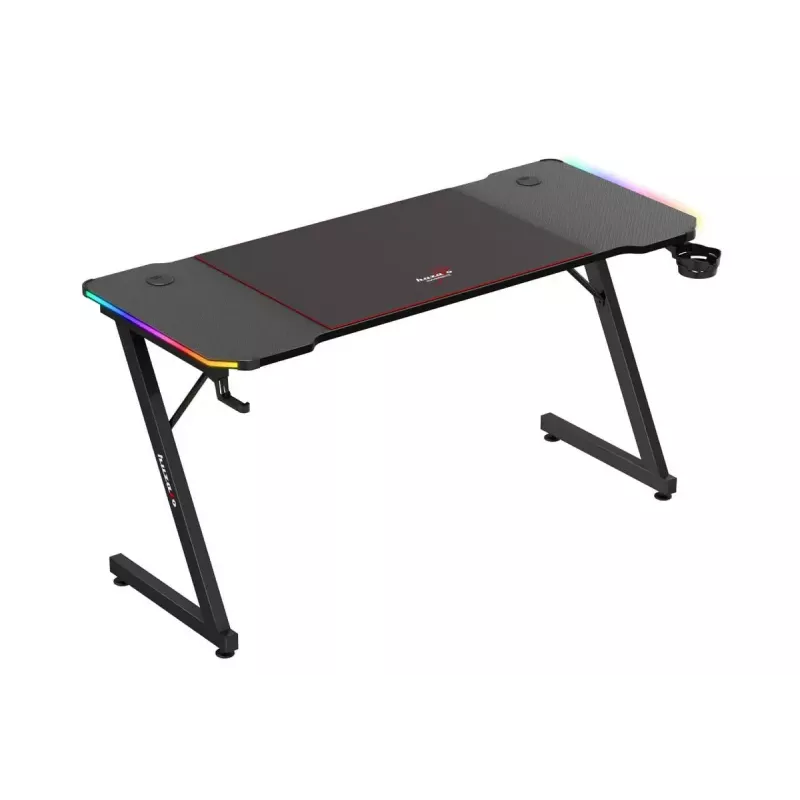 Gaming stalas huzaro Hero 3.3 RGB – juodas tiesus stalviršis 1400×600 mm, LED apšvietimas, puodelio laikiklis, ausinių kabliukas
