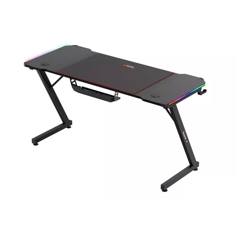 Gaming stalas huzaro Hero 3.3 RGB – juodas tiesus stalviršis 1400×600 mm, LED apšvietimas, puodelio laikiklis, ausinių kabliukas
