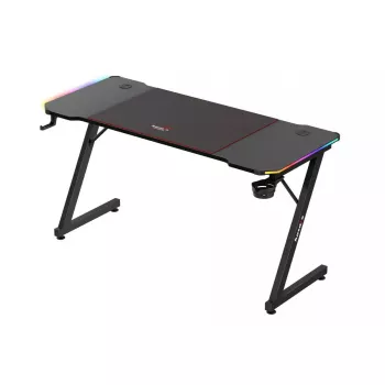 Gaming stalas huzaro Hero 3.3 RGB – juodas tiesus stalviršis 1400×600 mm, LED apšvietimas, puodelio laikiklis, ausinių kabliukas