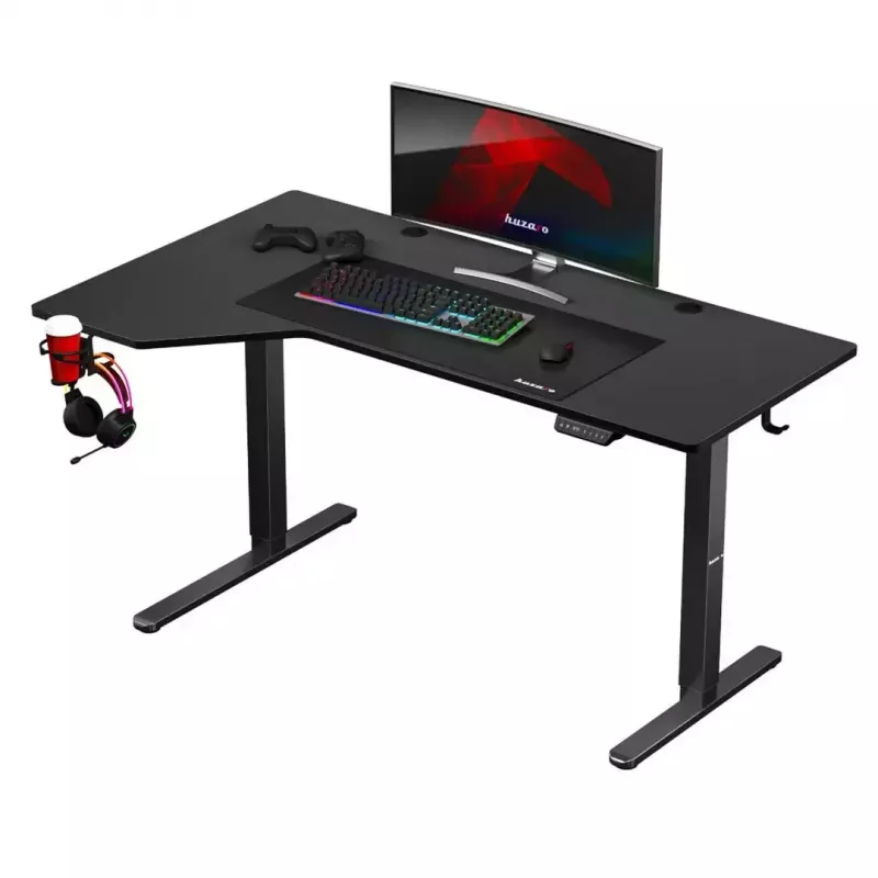 Gaminimo stalas huzaro Hero 9.1 Juodas – L formos MDF stalviršis, USB-C įkrovimas, LED valdymas, reguliuojamas aukštis 72–118 cm
