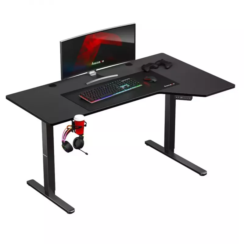 Gaminimo stalas huzaro Hero 9.1 Juodas – L formos MDF stalviršis, USB-C įkrovimas, LED valdymas, reguliuojamas aukštis 72–118 cm