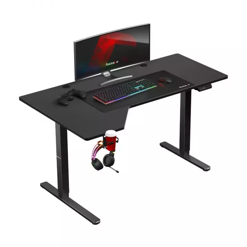 Gaminimo stalas huzaro Hero 9.1 Juodas – L formos MDF stalviršis, USB-C įkrovimas, LED valdymas, reguliuojamas aukštis 72–118 cm