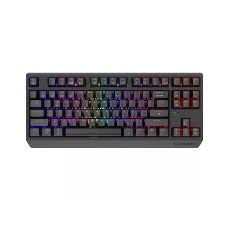 Mechaninė žaidimų klaviatūra GENESIS Thor 230 TKL — USB, RF belaidis, Bluetooth, 87 klavišų QWERTY, Pilka