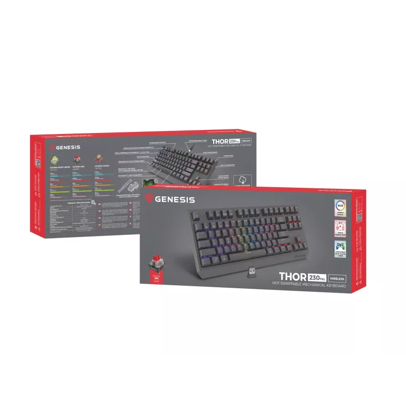 Mechaninė žaidimų klaviatūra GENESIS Thor 230 TKL — USB, RF belaidis, Bluetooth, 87 klavišų QWERTY, Pilka