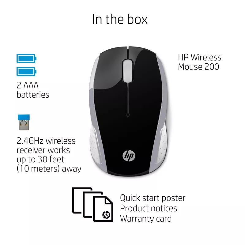 HP Wireless Mouse 200 (Pike Silver), ambidextrinė, optinė, RF belaidė, 1000 DPI, sidabrinė