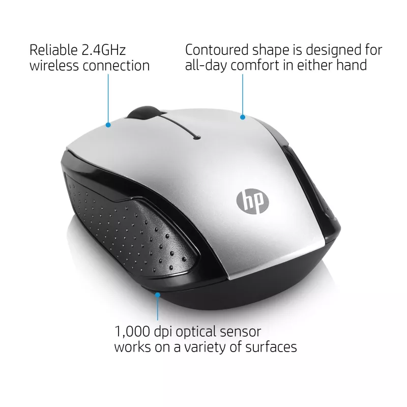 HP Wireless Mouse 200 (Pike Silver), ambidextrinė, optinė, RF belaidė, 1000 DPI, sidabrinė