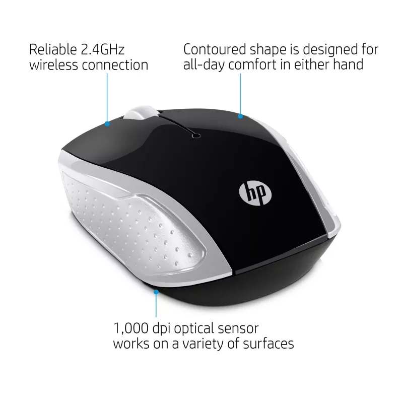 HP Wireless Mouse 200 (Pike Silver), ambidextrinė, optinė, RF belaidė, 1000 DPI, sidabrinė