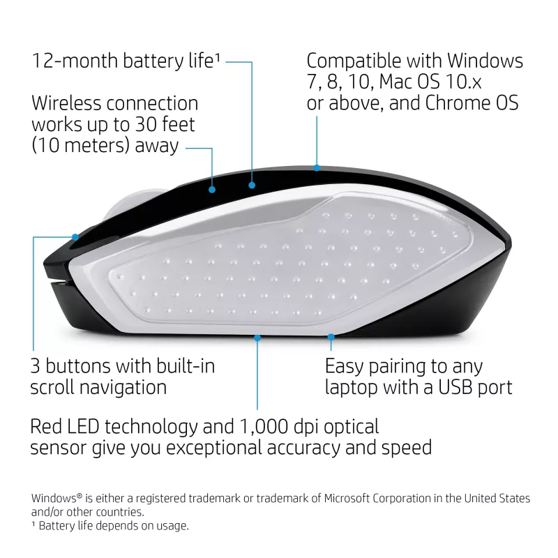 HP Wireless Mouse 200 (Pike Silver), ambidextrinė, optinė, RF belaidė, 1000 DPI, sidabrinė