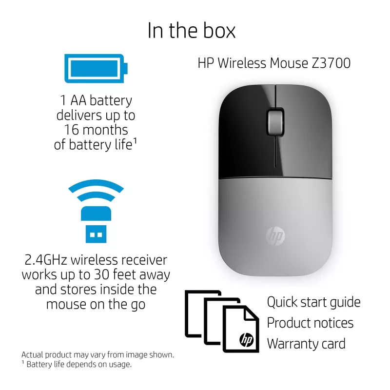 HP Z3700 sidabrinė belaidė pelė, ambidekstrinė, optinė, RF belaidė, 1200 DPI, sidabrinė