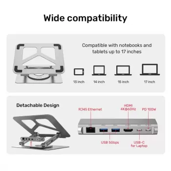 Nešiojamojo kompiuterio stovas UNITEK D1109A – aliumininis reguliuojamas stovas su USB-C stotele, HDMI, Gigabit Ethernet (tinka 14–17 colių)