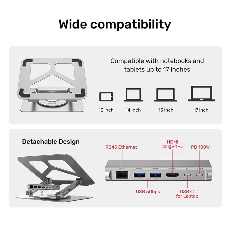 Nešiojamojo kompiuterio stovas UNITEK D1109A – aliumininis reguliuojamas stovas su USB-C stotele, HDMI, Gigabit Ethernet (tinka 14–17 colių)