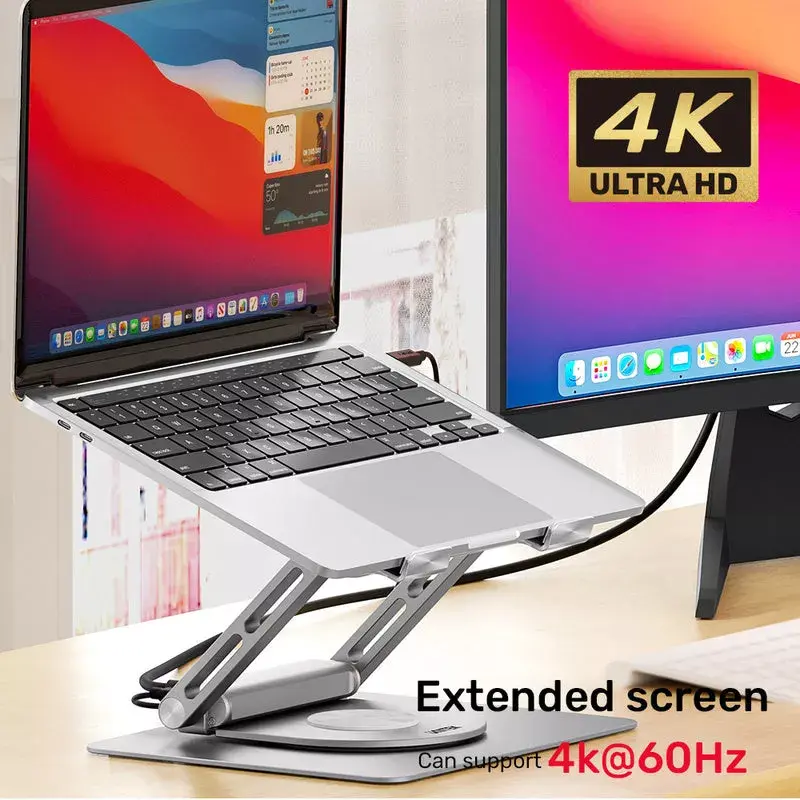 Nešiojamojo kompiuterio stovas UNITEK D1109A – aliumininis reguliuojamas stovas su USB-C stotele, HDMI, Gigabit Ethernet (tinka 14–17 colių)