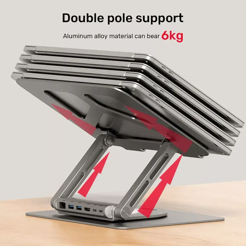 Nešiojamojo kompiuterio stovas UNITEK D1109A – aliumininis reguliuojamas stovas su USB-C stotele, HDMI, Gigabit Ethernet (tinka 14–17 colių)