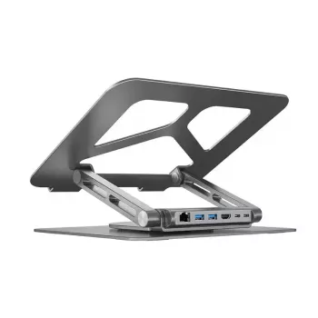 Nešiojamojo kompiuterio stovas UNITEK D1109A – aliumininis reguliuojamas stovas su USB-C stotele, HDMI, Gigabit Ethernet (tinka 14–17 colių)