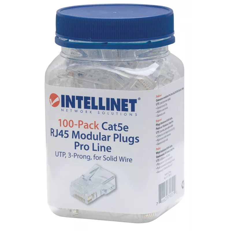 Intellinet Pro Line RJ45 kištukai Cat5e UTP, 3 kontaktų, kietai vielai, 50 µ auksuoti kontaktai, 100 vnt.
