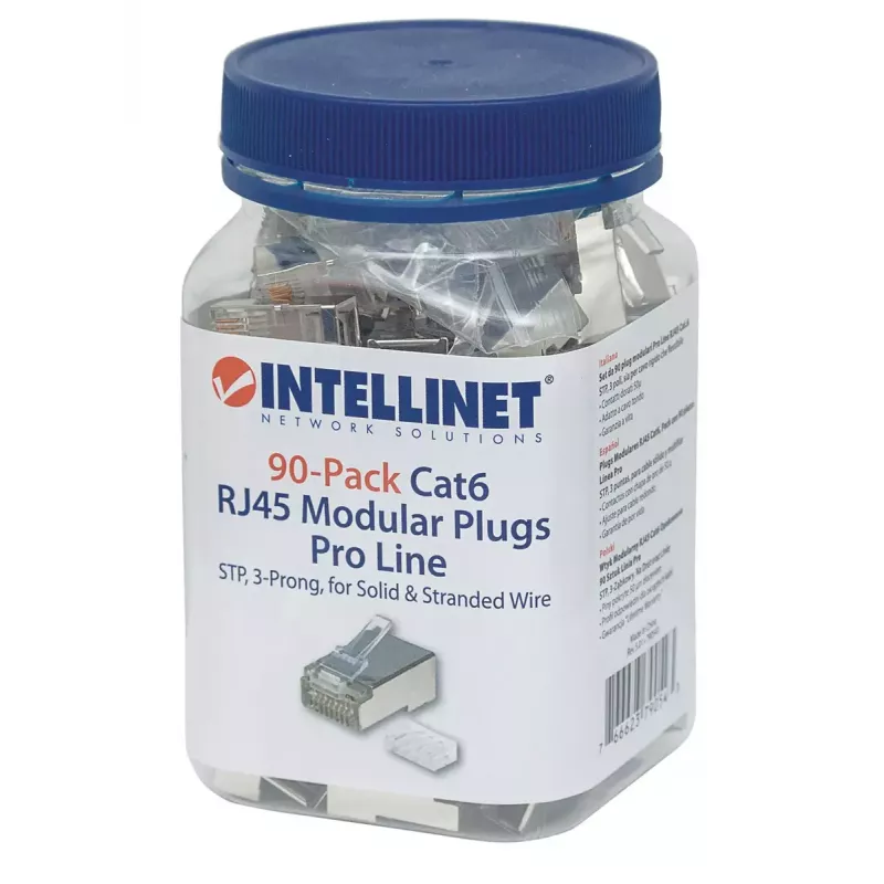 Intellinet Pro Line RJ45 moduliniai kištukai, Cat6, STP, 3 kontaktų, kietai ir vytai vielai, 50 µ auksuoti kontaktai, 90 vnt.