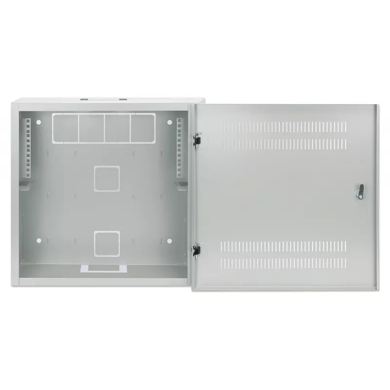 Intellinet Low-Profile 19 colių sieninis spintos stovas su 4U horizontaliomis ir 2U vertikaliomis bėgiais, kompaktiškas 170 mm gylio korpusas, idealus AV, multimedijos ir vaizdo stebėjimo programoms, surinktas, pilka RAL 7035