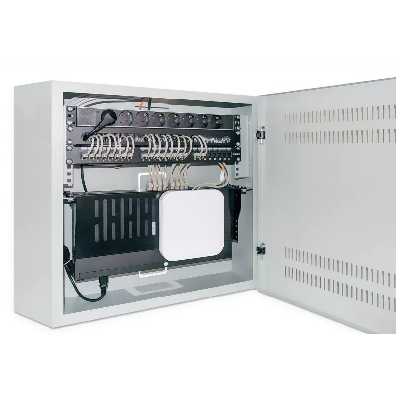 Intellinet Low-Profile 19 colių sieninis spintos stovas su 4U horizontaliomis ir 2U vertikaliomis bėgiais, kompaktiškas 170 mm gylio korpusas, idealus AV, multimedijos ir vaizdo stebėjimo programoms, surinktas, pilka RAL 7035