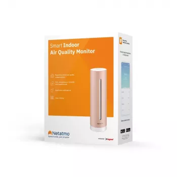 Patalpų oro kokybės monitorius Netatmo Smart Indoor Air Quality Monitor — CO2 0–5000 ppm, temperatūra 0–50°C, triukšmas, Wi‑Fi/Bluetooth, maitinimas iš tinklo, aliuminis, rožinis auksas