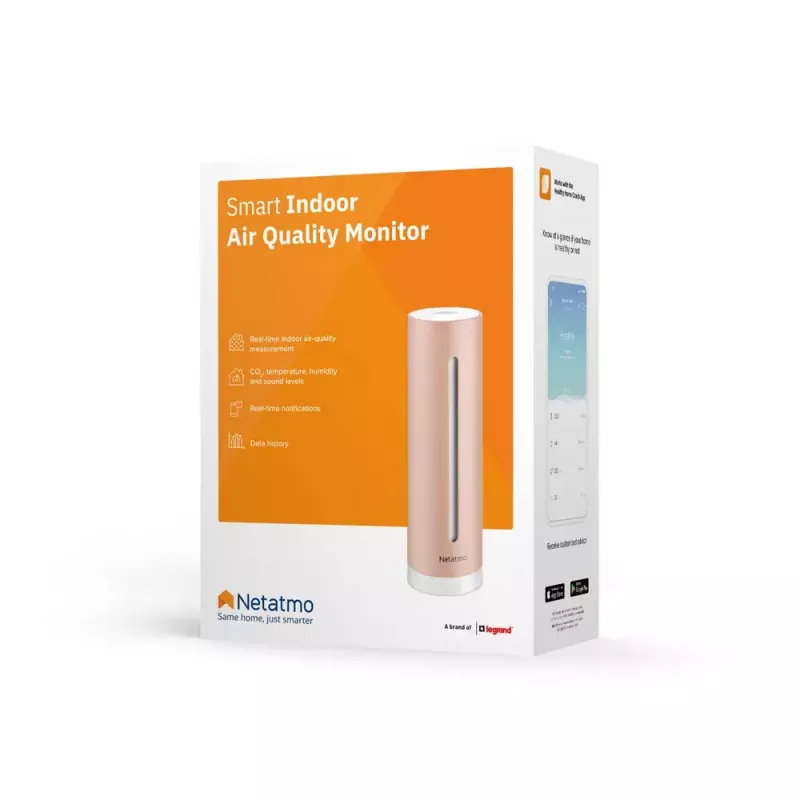 Patalpų oro kokybės monitorius Netatmo Smart Indoor Air Quality Monitor — CO2 0–5000 ppm, temperatūra 0–50°C, triukšmas, Wi‑Fi/Bluetooth, maitinimas iš tinklo, aliuminis, rožinis auksas