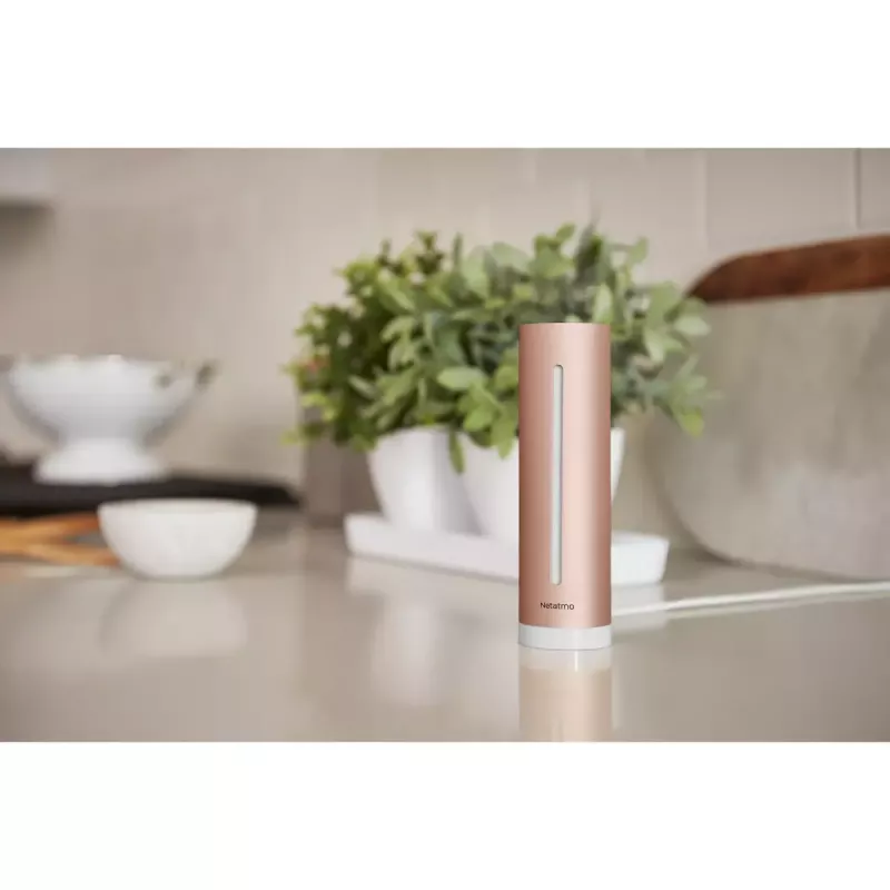 Patalpų oro kokybės monitorius Netatmo Smart Indoor Air Quality Monitor — CO2 0–5000 ppm, temperatūra 0–50°C, triukšmas, Wi‑Fi/Bluetooth, maitinimas iš tinklo, aliuminis, rožinis auksas