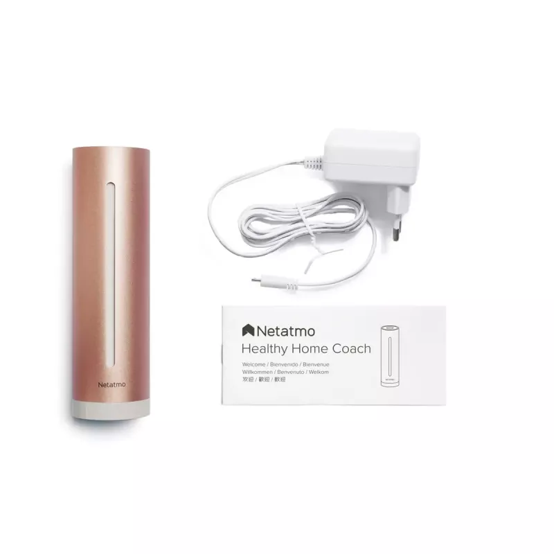 Patalpų oro kokybės monitorius Netatmo Smart Indoor Air Quality Monitor — CO2 0–5000 ppm, temperatūra 0–50°C, triukšmas, Wi‑Fi/Bluetooth, maitinimas iš tinklo, aliuminis, rožinis auksas
