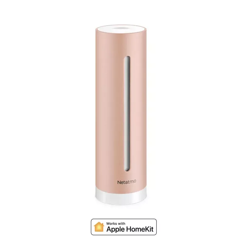 Patalpų oro kokybės monitorius Netatmo Smart Indoor Air Quality Monitor — CO2 0–5000 ppm, temperatūra 0–50°C, triukšmas, Wi‑Fi/Bluetooth, maitinimas iš tinklo, aliuminis, rožinis auksas