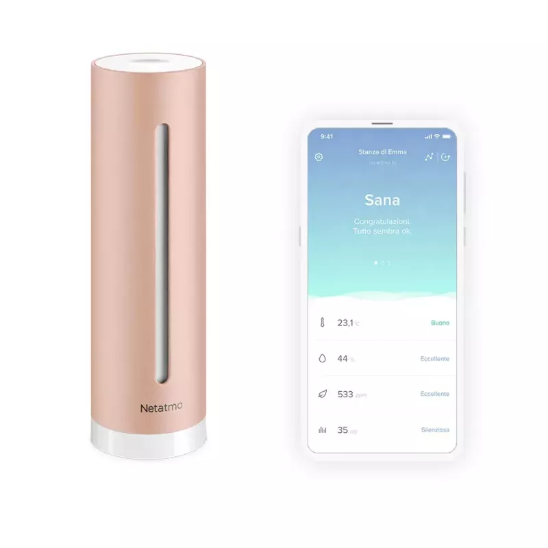 Patalpų oro kokybės monitorius Netatmo Smart Indoor Air Quality Monitor — CO2 0–5000 ppm, temperatūra 0–50°C, triukšmas, Wi‑Fi/Bluetooth, maitinimas iš tinklo, aliuminis, rožinis auksas