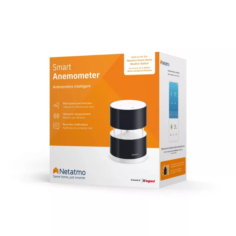 Netatmo Smart Anemometras, vėjo greitis, belaidis, Wi-Fi, 0–45 m/s, 100 m, juoda, permatomas