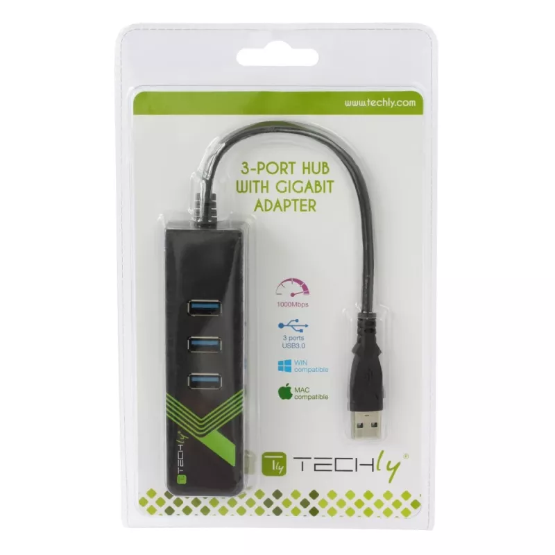 Techly IDATA-USB-ETGIGA-3U2 (105803) USB 3.0 į Gigabit Ethernet adapteris su 3 prievadų USB 3.0 šakotuvu, USB-A, RJ45, aliuminis
