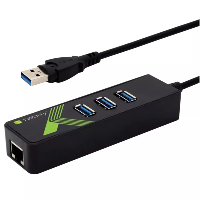 Techly IDATA-USB-ETGIGA-3U2 (105803) USB 3.0 į Gigabit Ethernet adapteris su 3 prievadų USB 3.0 šakotuvu, USB-A, RJ45, aliuminis