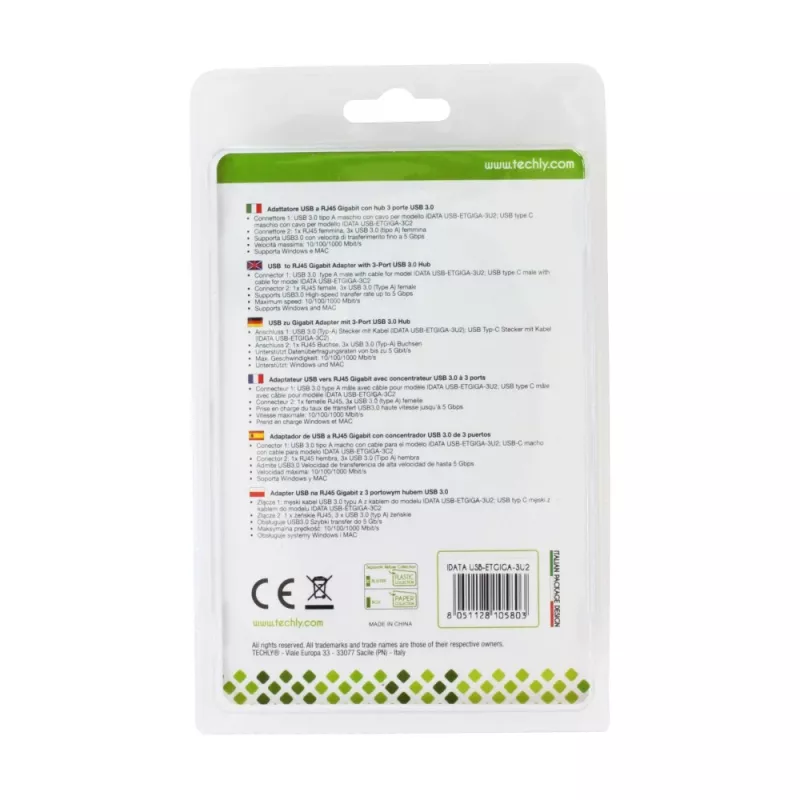 Techly IDATA-USB-ETGIGA-3U2 (105803) USB 3.0 į Gigabit Ethernet adapteris su 3 prievadų USB 3.0 šakotuvu, USB-A, RJ45, aliuminis
