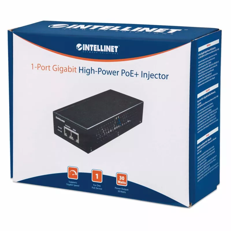Intellinet Gigabit didelės galios PoE+ injektorius, 1 x 30 W, IEEE 802.3at/af Power over Ethernet (PoE+/PoE)