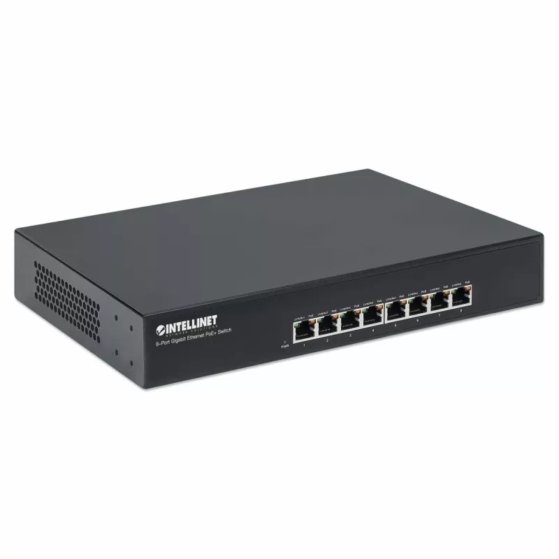 Intellinet 8 prievadų Gigabit Ethernet PoE+ jungiklis, 8 PoE prievadai, IEEE 802.3at/af, Endspan, stalinis, dėžutė