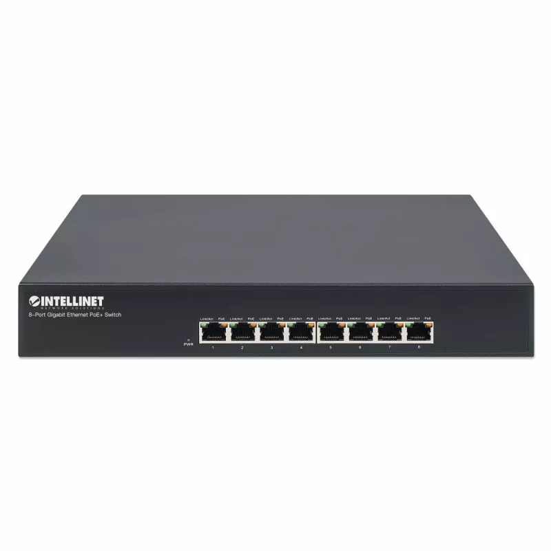Intellinet 8 prievadų Gigabit Ethernet PoE+ jungiklis, 8 PoE prievadai, IEEE 802.3at/af, Endspan, stalinis, dėžutė