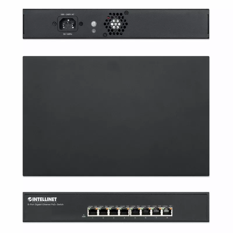 Intellinet 8 prievadų Gigabit Ethernet PoE+ jungiklis, 8 PoE prievadai, IEEE 802.3at/af, Endspan, stalinis, dėžutė