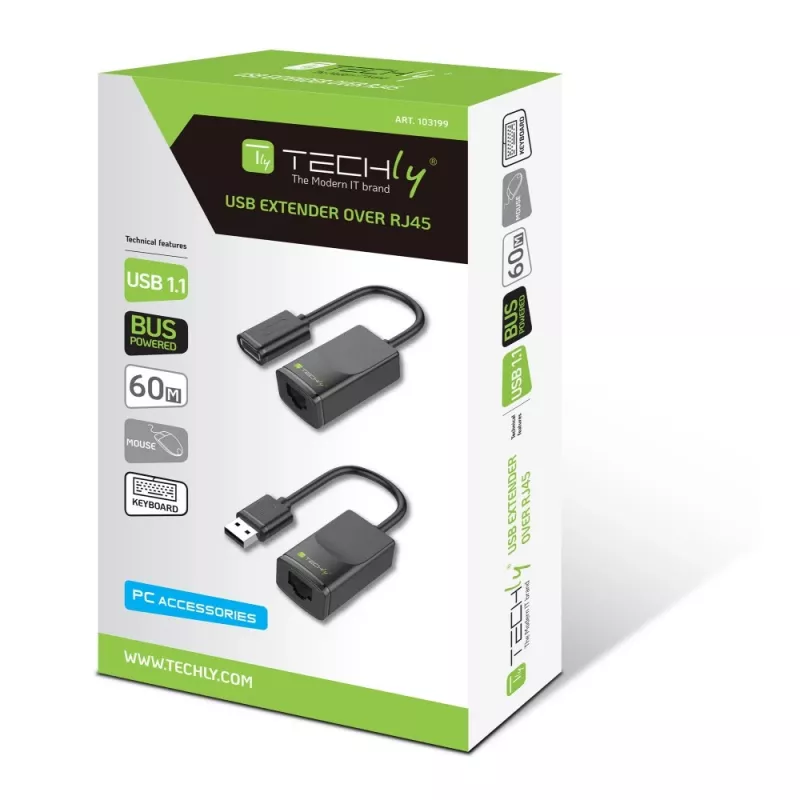 Techly IUSB-EXTENDTY2 lyties keitiklis RJ-45 į USB 2.0 Type-A, juodas