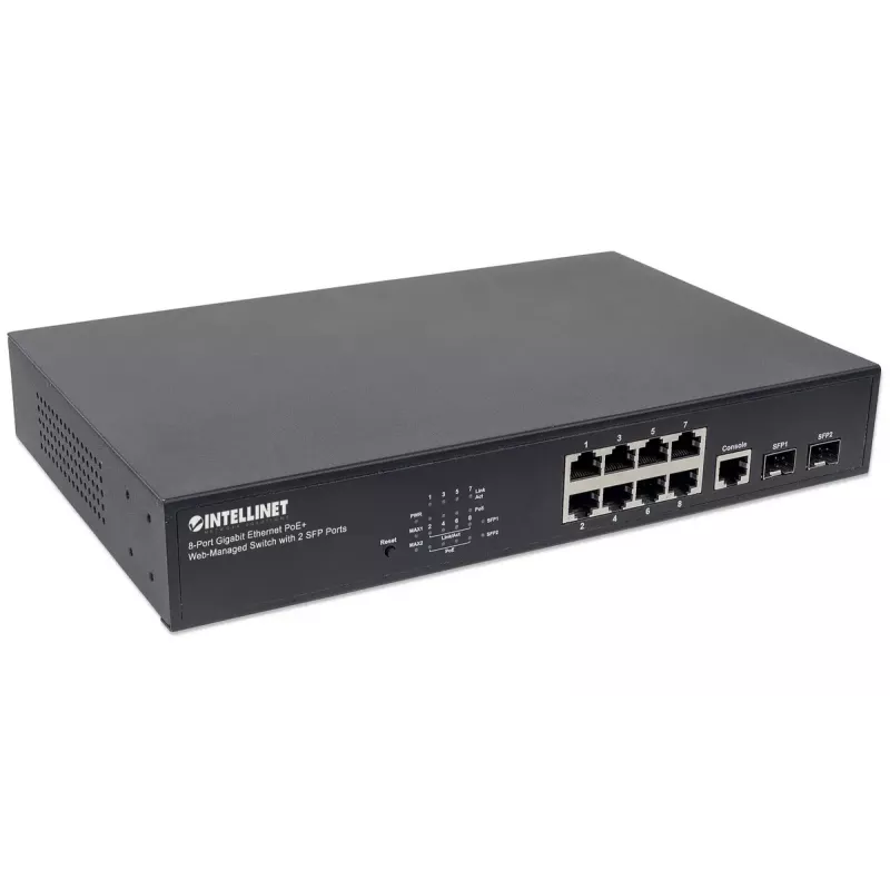 Valdomas jungiklis Intellinet 8 prievadų Gigabit Ethernet PoE+ su 2 SFP prievadais